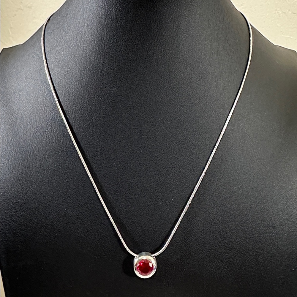 Kate Fourty Eight Red Gem Solitaire Pendant Silver Tone Snake Chain Necklace
